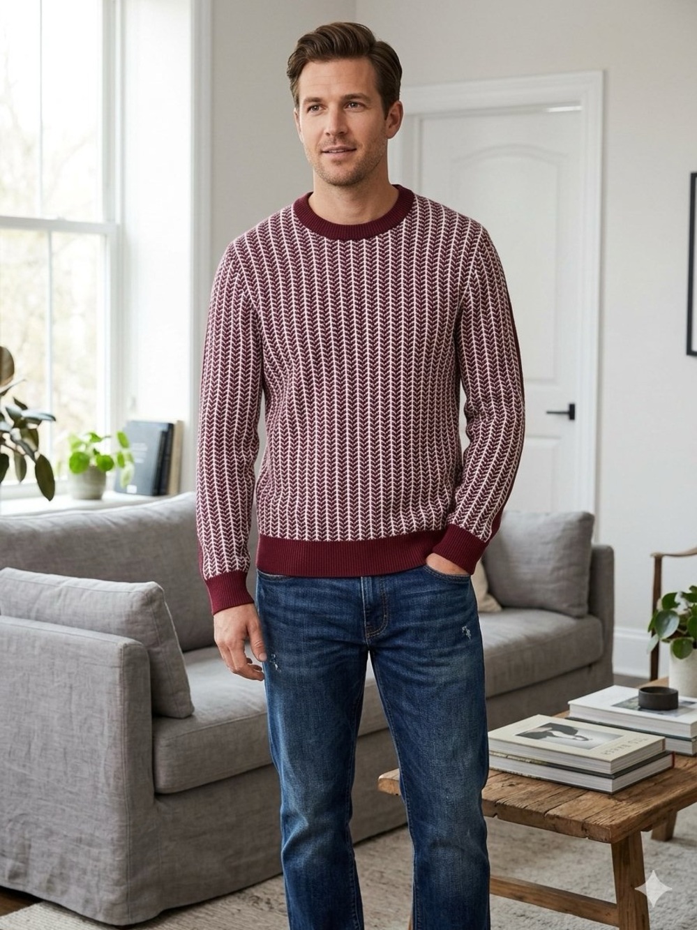 Ted Baker Frankez Burgundy White Chevron Knit Crewneck Sweater Ted Size 6 (2XL)